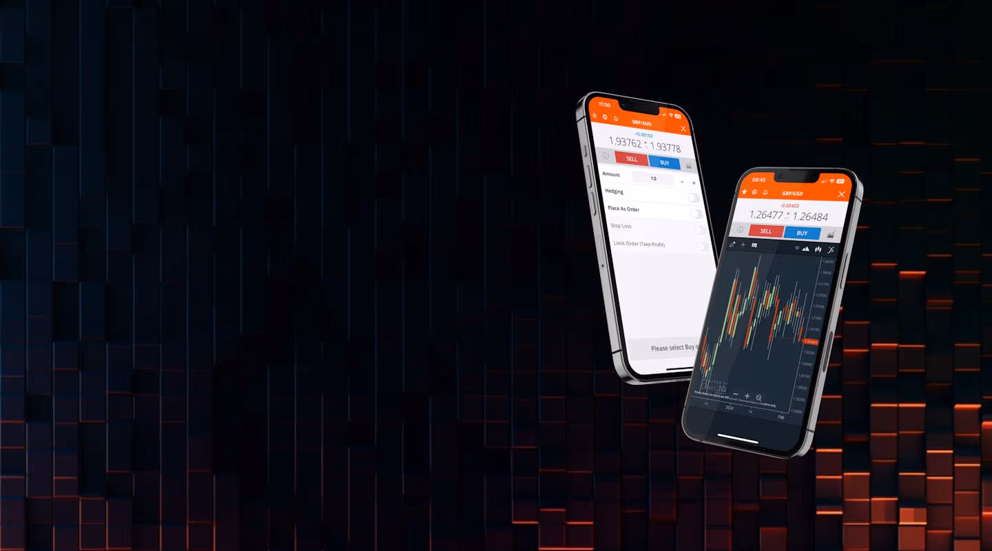 Phones displaying trading charts over a digital data background, representing platform security