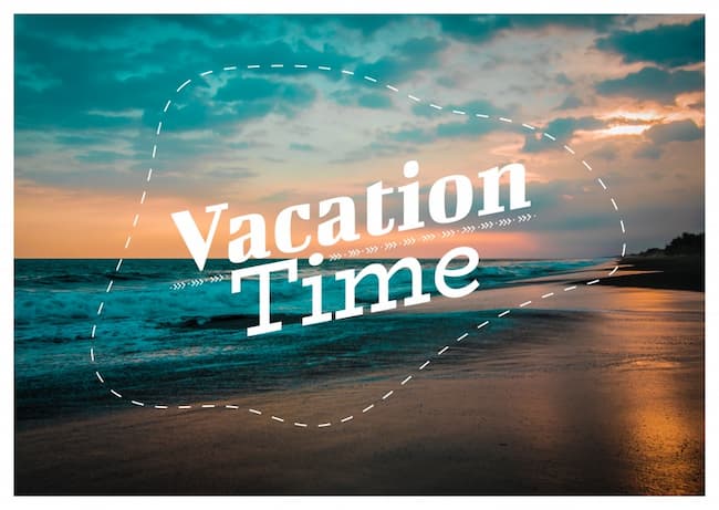 Vacation Time graphic over a sunset beach